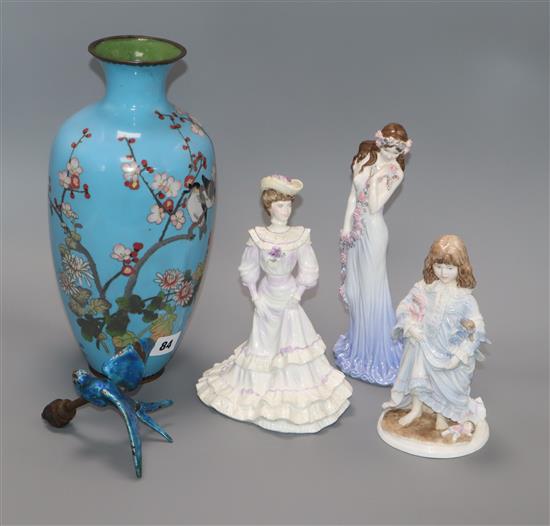 An enamelled car mascot, two2 Coalport figures, a Worcester figure and a cloisonne vase